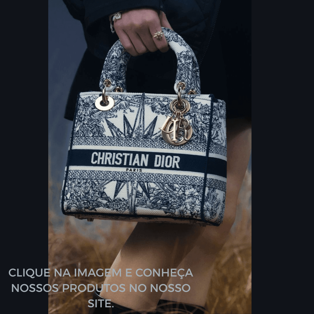 Person holding a patterned Christian Dior handbag with metallic charms.